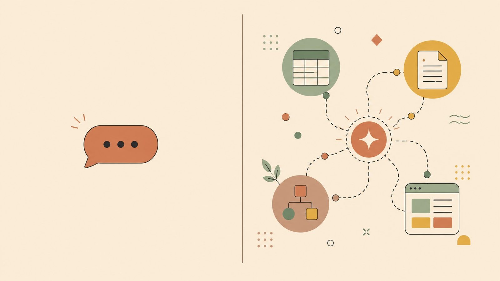 Split illustration showing consumer mode on the left and builder mode on the right, with a person directing multiple AI tools working together