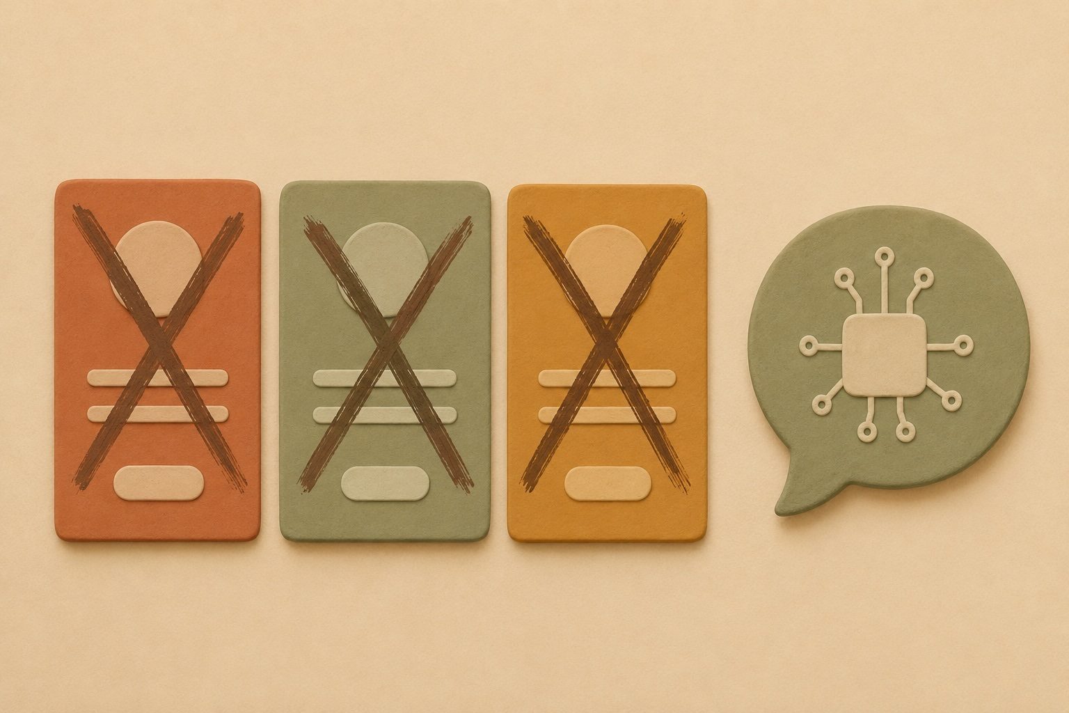 Three subscription cards being crossed out next to a single AI assistant icon, illustrating SaaS consolidation