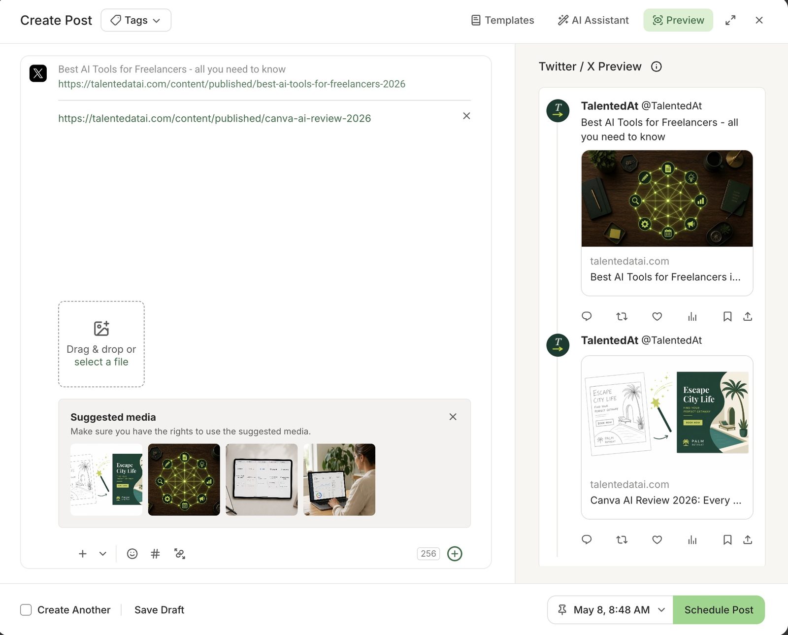 Buffer Create Post interface showing TalentedAtAI content scheduled for Twitter/X with post preview on the right and Schedule Post button visible