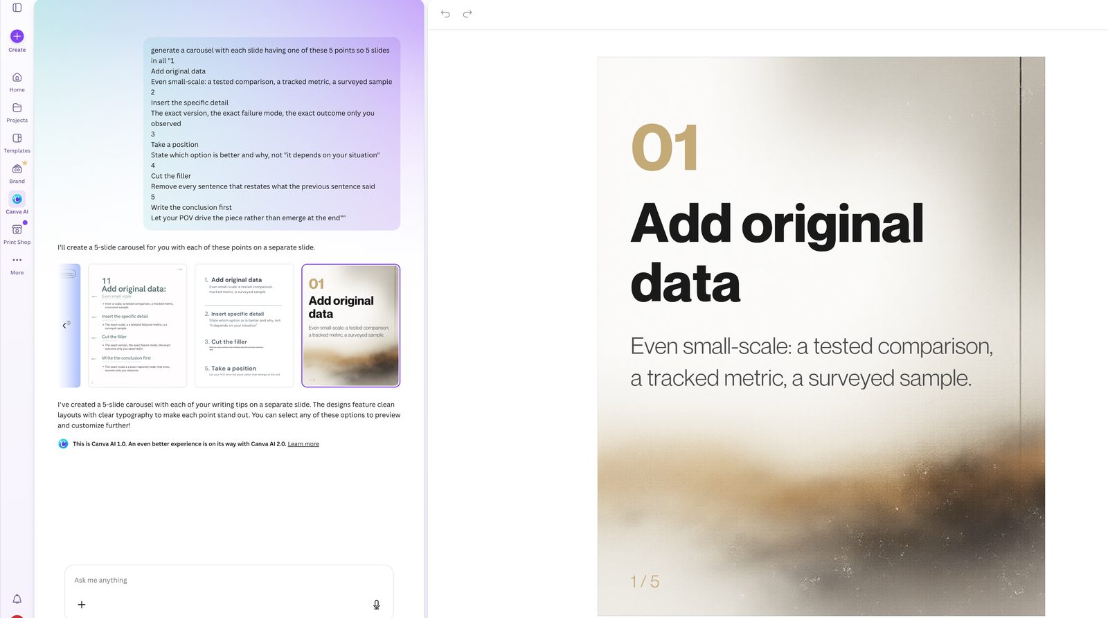 Canva AI generating a 5-slide carousel from extracted blog post points, showing slide thumbnails on the left and the first slide preview on the right