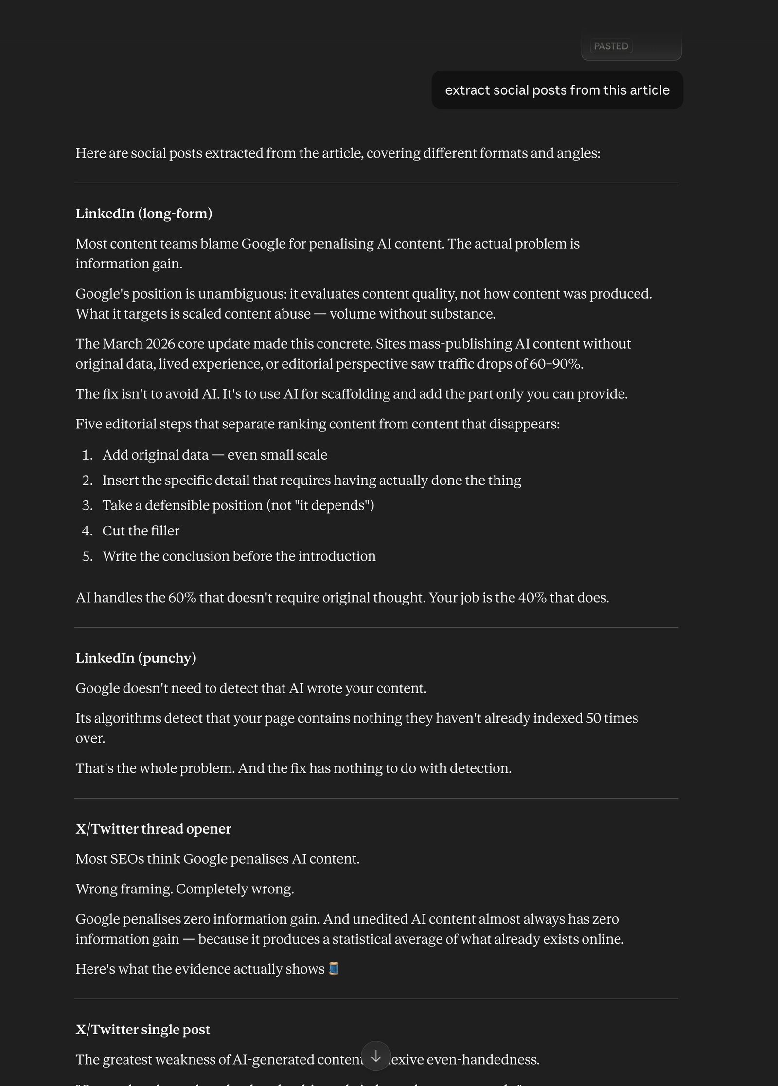 Claude extracting LinkedIn and Twitter social posts from a blog post about AI content ranking, showing multiple post formats in a single response