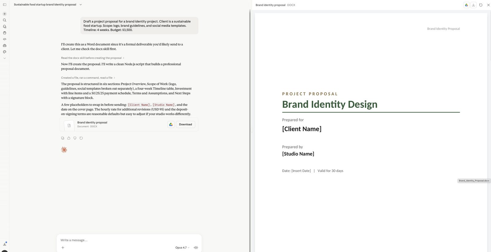 Claude generating a brand identity project proposal for a sustainable food startup, showing the conversation on the left and a professional proposal document preview on the right