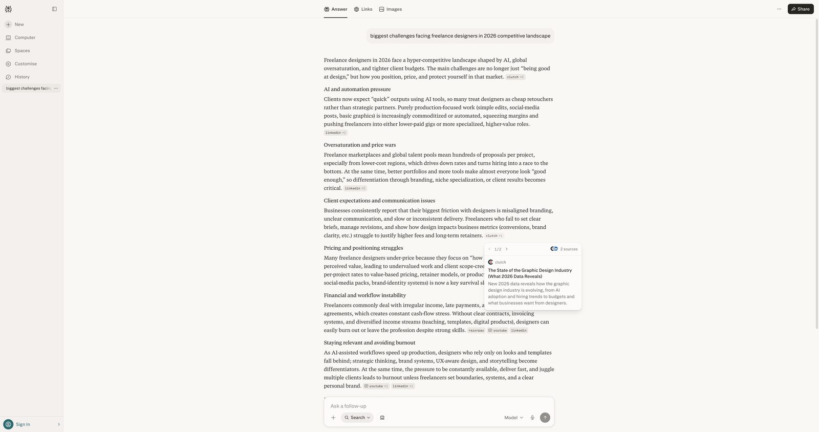 Perplexity AI showing cited research results for biggest challenges facing freelance designers in 2026, with sources from Clutch, LinkedIn and Razorpay visible