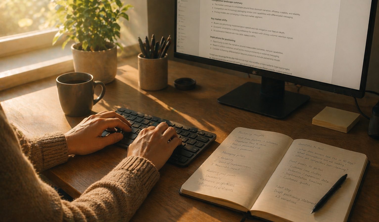 Brand marketer's desk with hands on keyboard, open notebook with positioning notes, and monitor showing competitive analysis