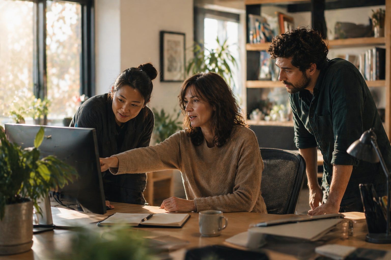Senior brand marketer showing younger colleagues something on screen, collaborative team moment