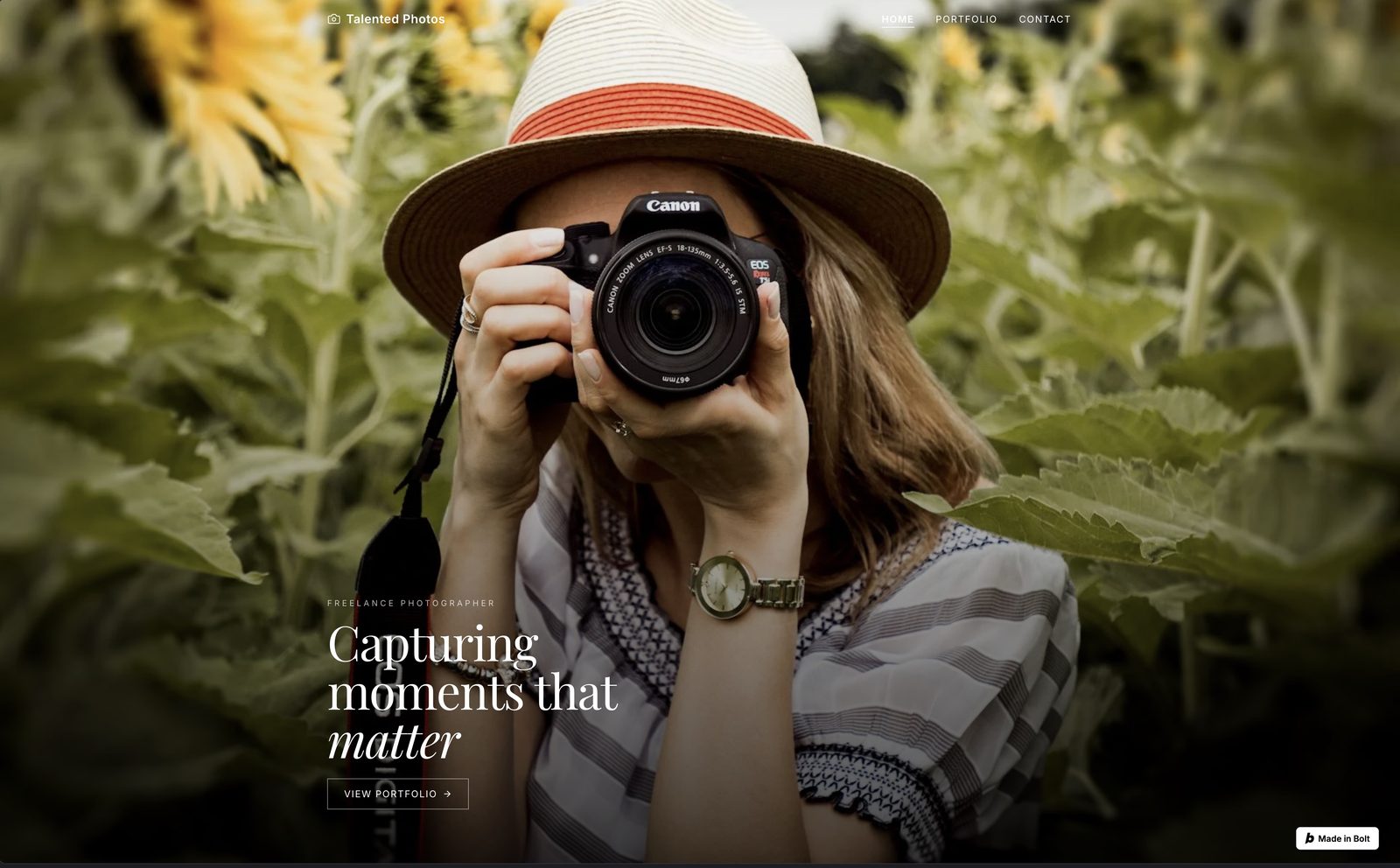 Bolt.new generated portfolio site with full-bleed photographer hero image and serif typography