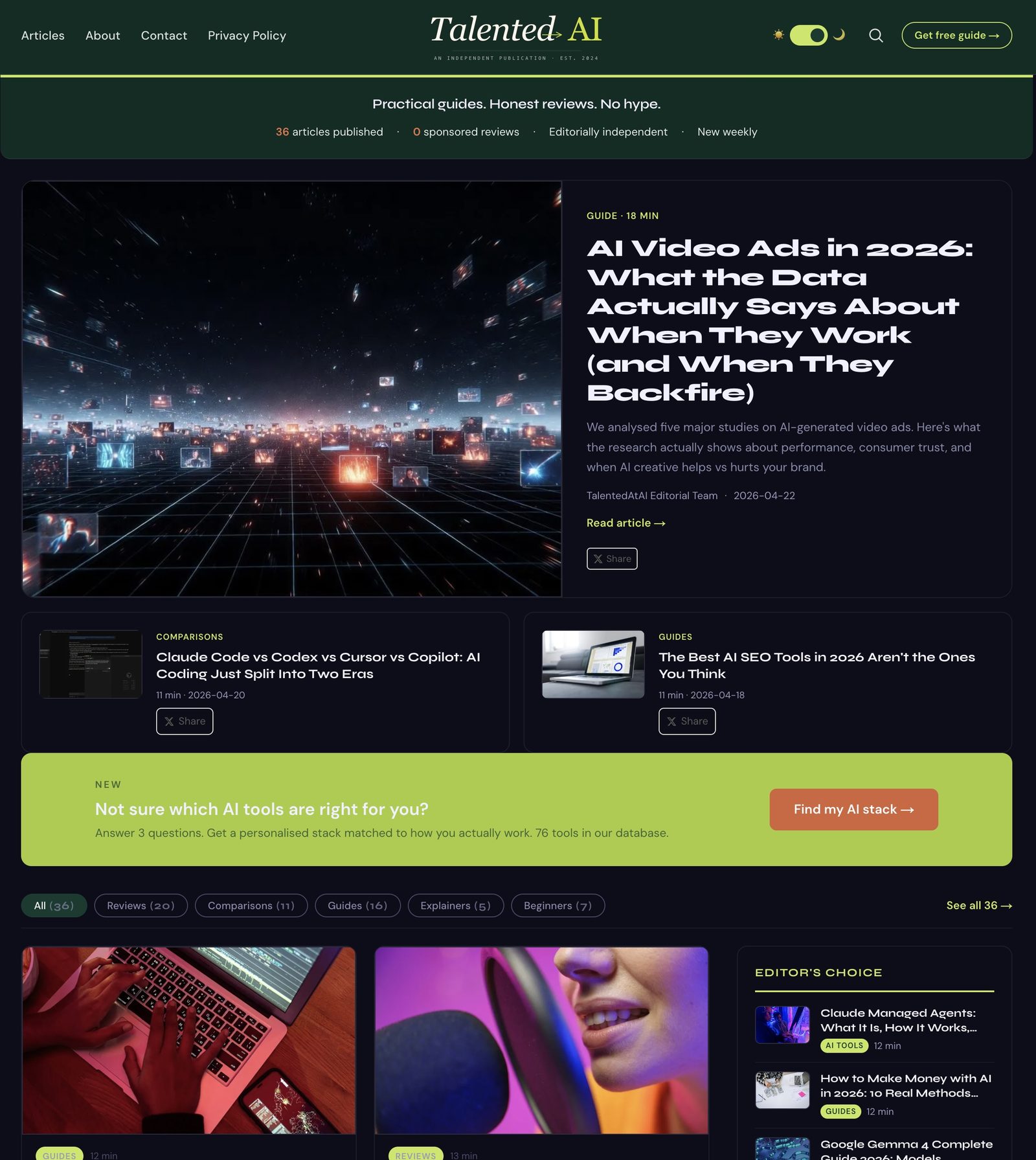 TalentedAtAI homepage — built entirely with Claude, custom static site generator, Cloudflare Pages hosting