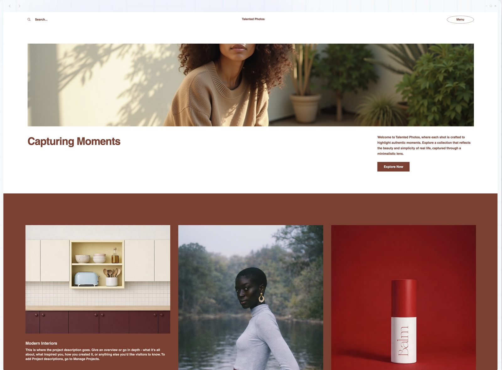 Wix ADI generated portfolio site with terracotta colour palette and mismatched stock images