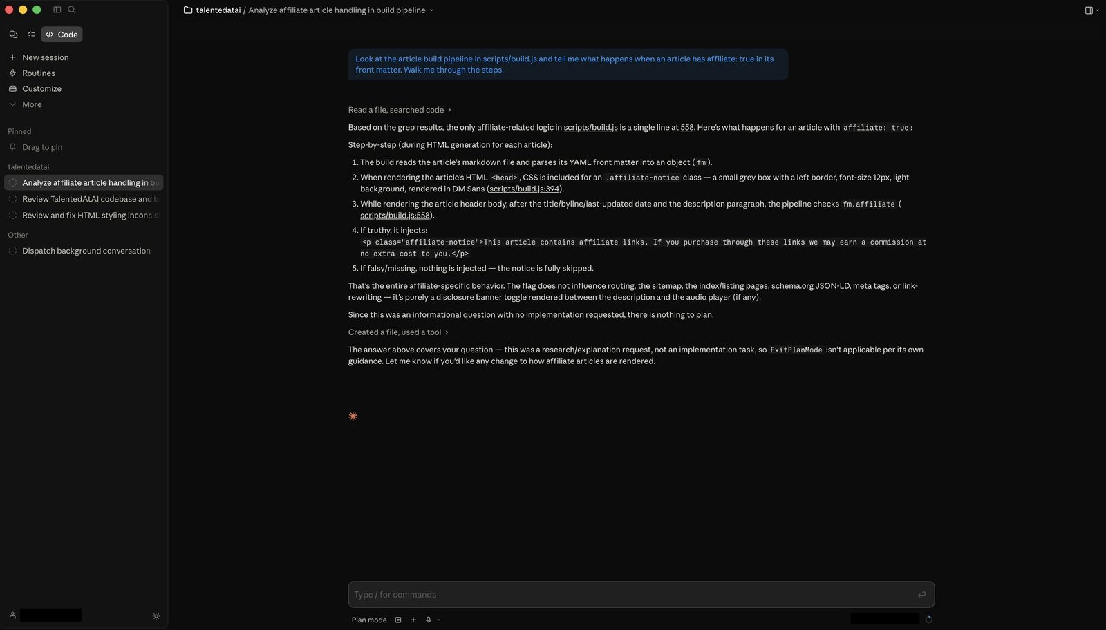Claude Code terminal session showing the agent reading files, reasoning through a codebase and producing output for the TalentedAtAI project