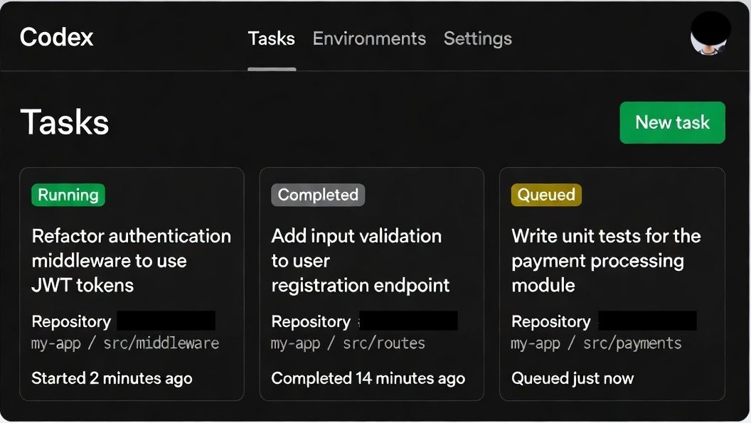 OpenAI Codex cloud agent dashboard showing three parallel tasks: one running, one completed, one queued — demonstrating async coding workflow