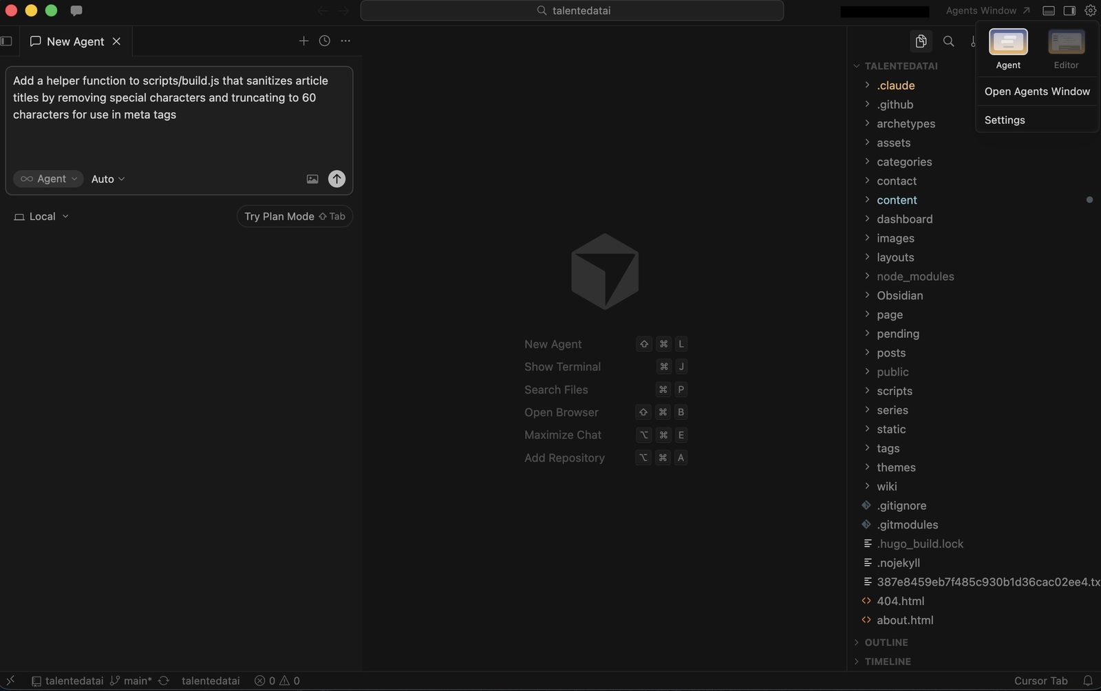 Cursor IDE Composer panel showing a natural language instruction for adding a helper function to build.js with the code editor visible behind it