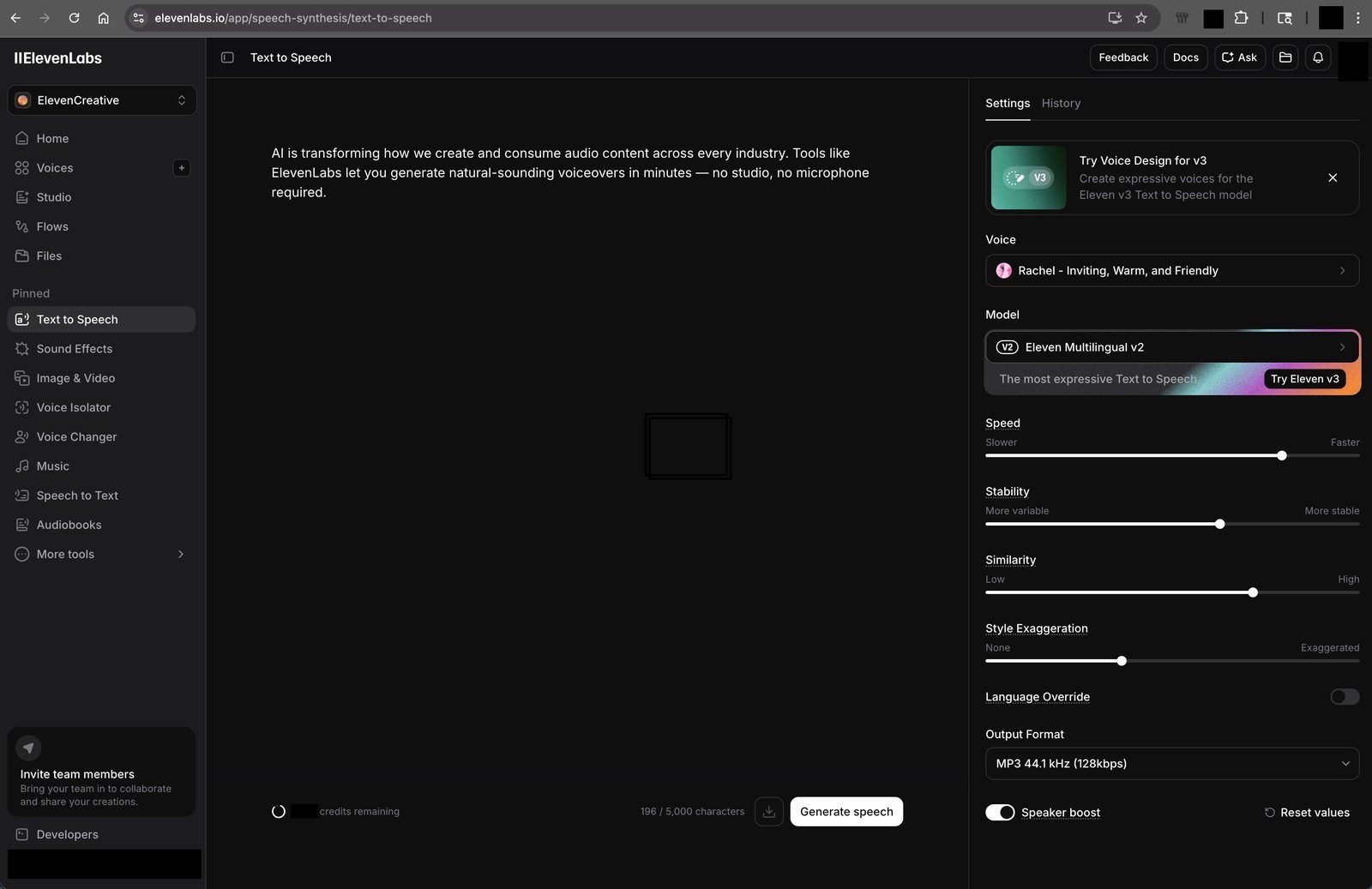 ElevenLabs Text to Speech interface showing text input with Rachel voice selected, speed and stability controls, and Generate speech button
