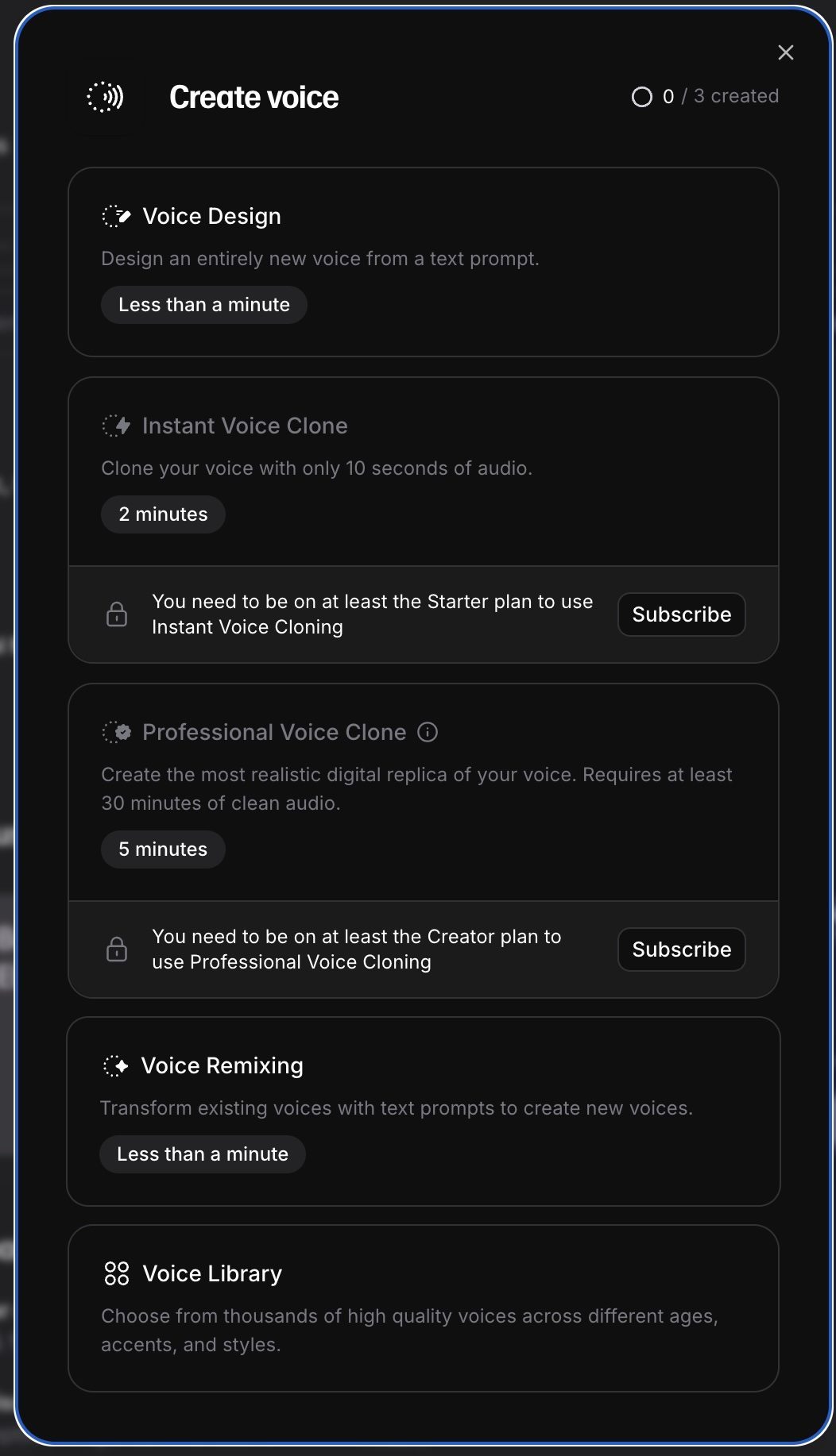 ElevenLabs Create Voice modal showing Voice Design, Instant Voice Clone, Professional Voice Clone, Voice Remixing and Voice Library options with plan requirements