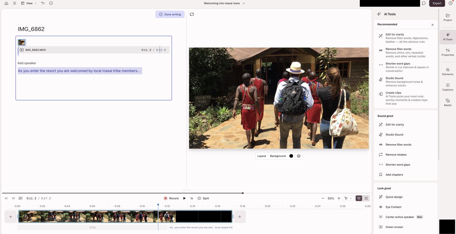Descript editor showing transcript-based video editing with AI Tools panel, video preview, and timeline