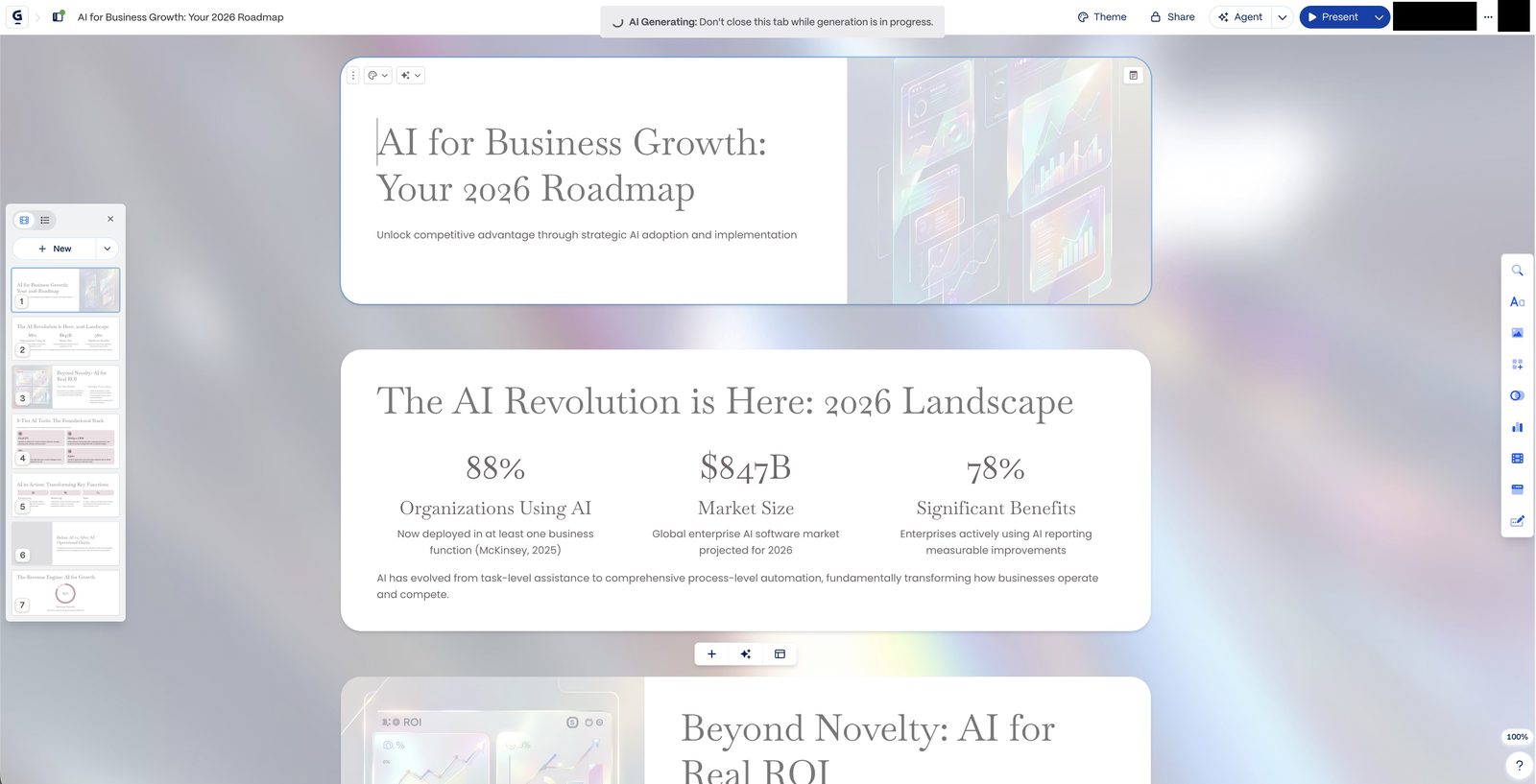 Gamma AI editor showing completed presentation with slide thumbnails panel on the left and a data-rich slide open in the canvas with iridescent design theme