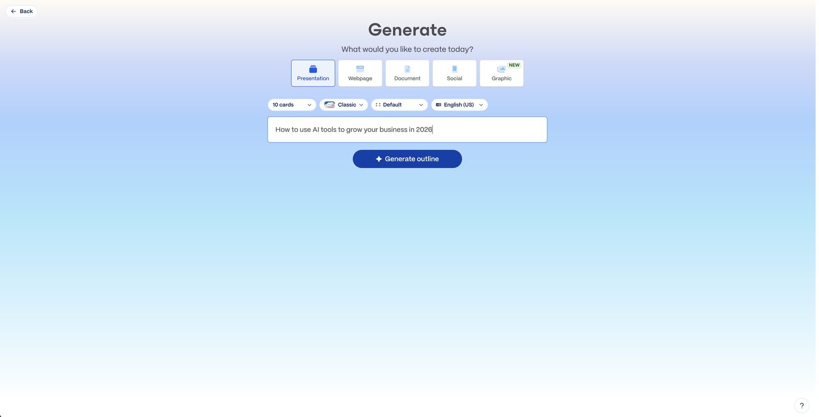 Gamma AI generation wizard showing prompt input with topic, format selector set to Presentation, 10 cards, Classic theme, and Generate outline button