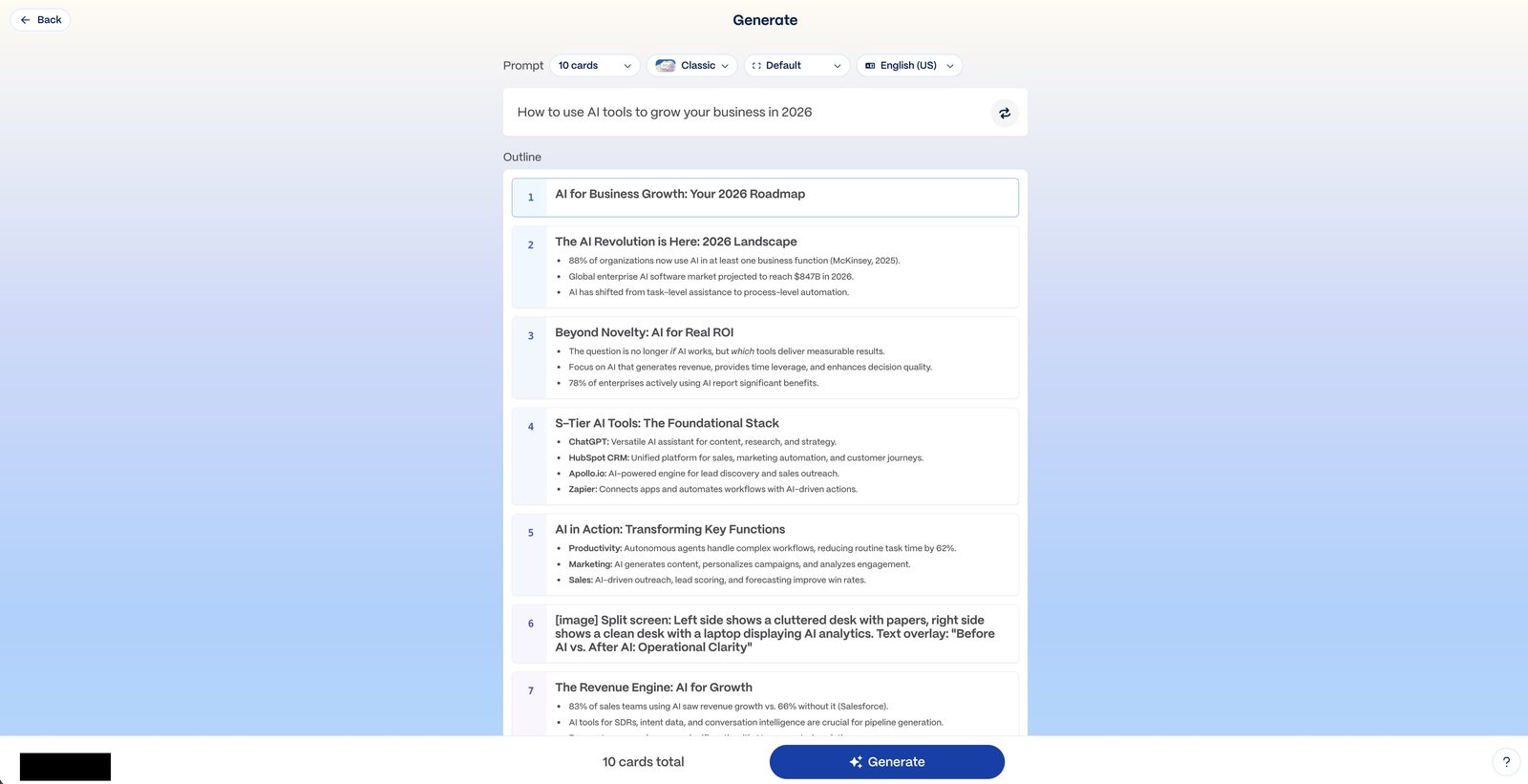 Gamma AI outline view showing 7 structured slide titles with bullet points generated from the prompt about AI tools for business growth