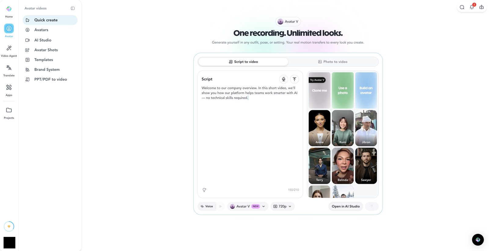 HeyGen Quick Create editor showing script input with avatar selection grid including Annie, Rumi, Jibran and other AI avatars