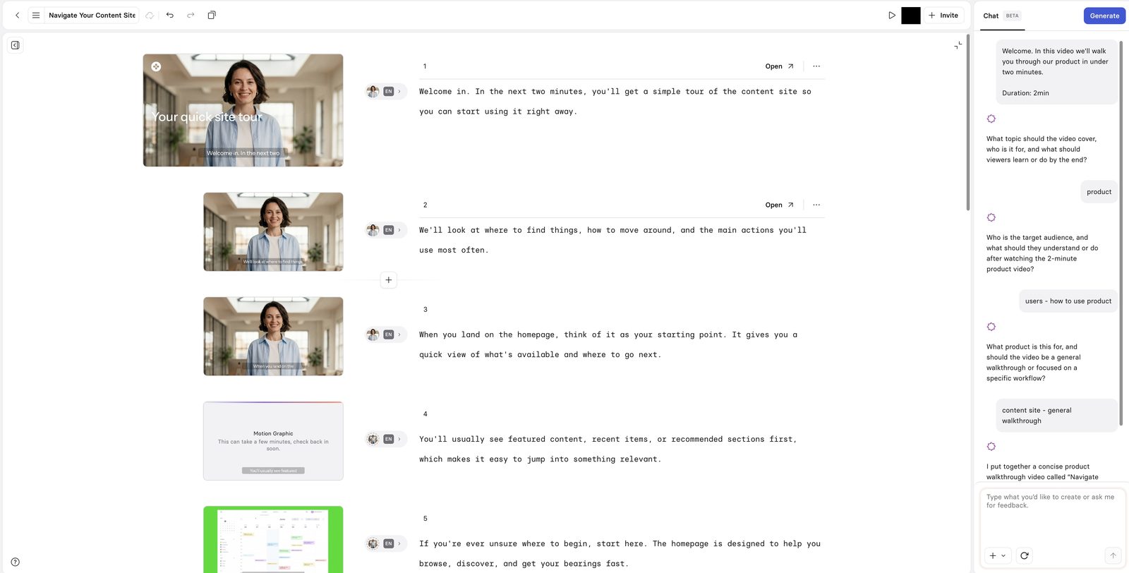 Synthesia editor showing multi-scene video with AI avatar, script panel, and AI chat assistant for video generation