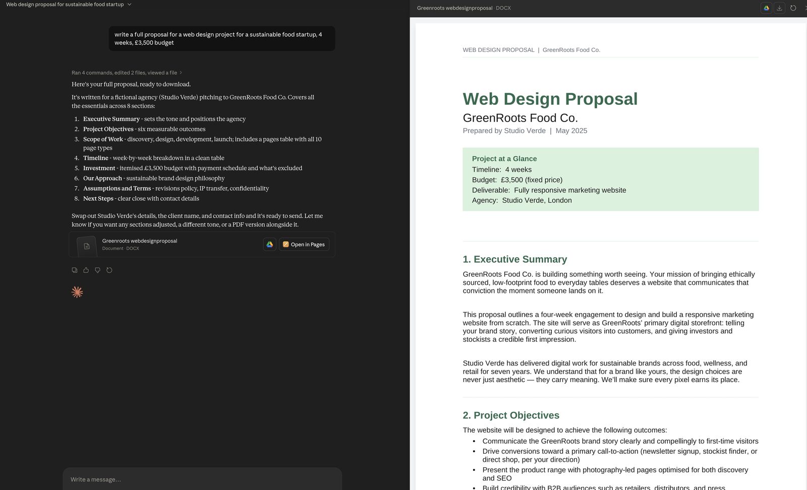 Claude responding to a specific proposal with a detailed actionable plan