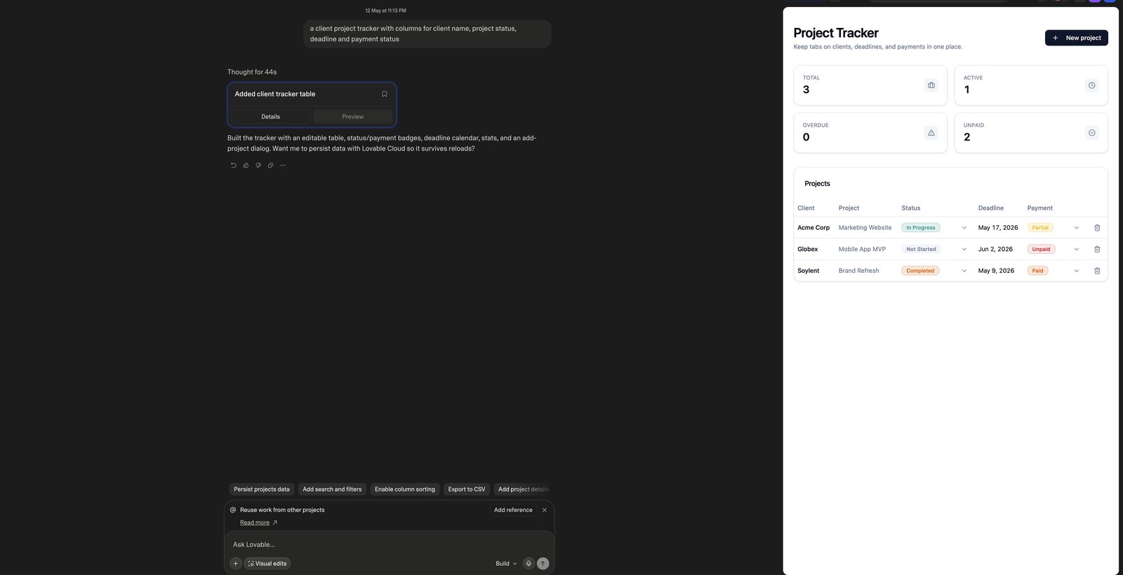Lovable app builder generating a working app from a plain English description