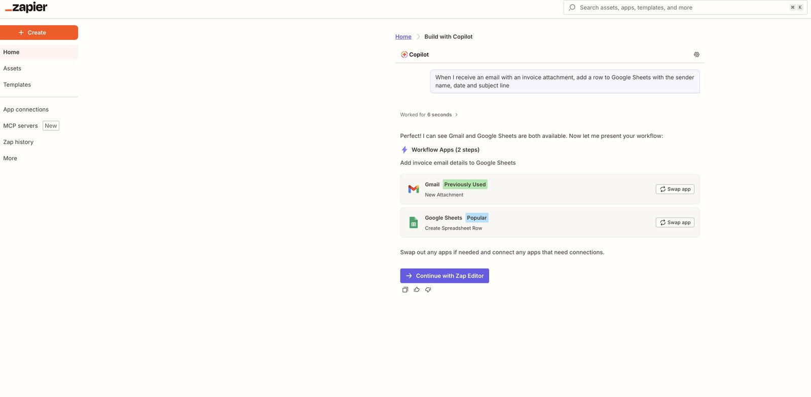 Zapier Copilot building a multi-step workflow from a natural language prompt