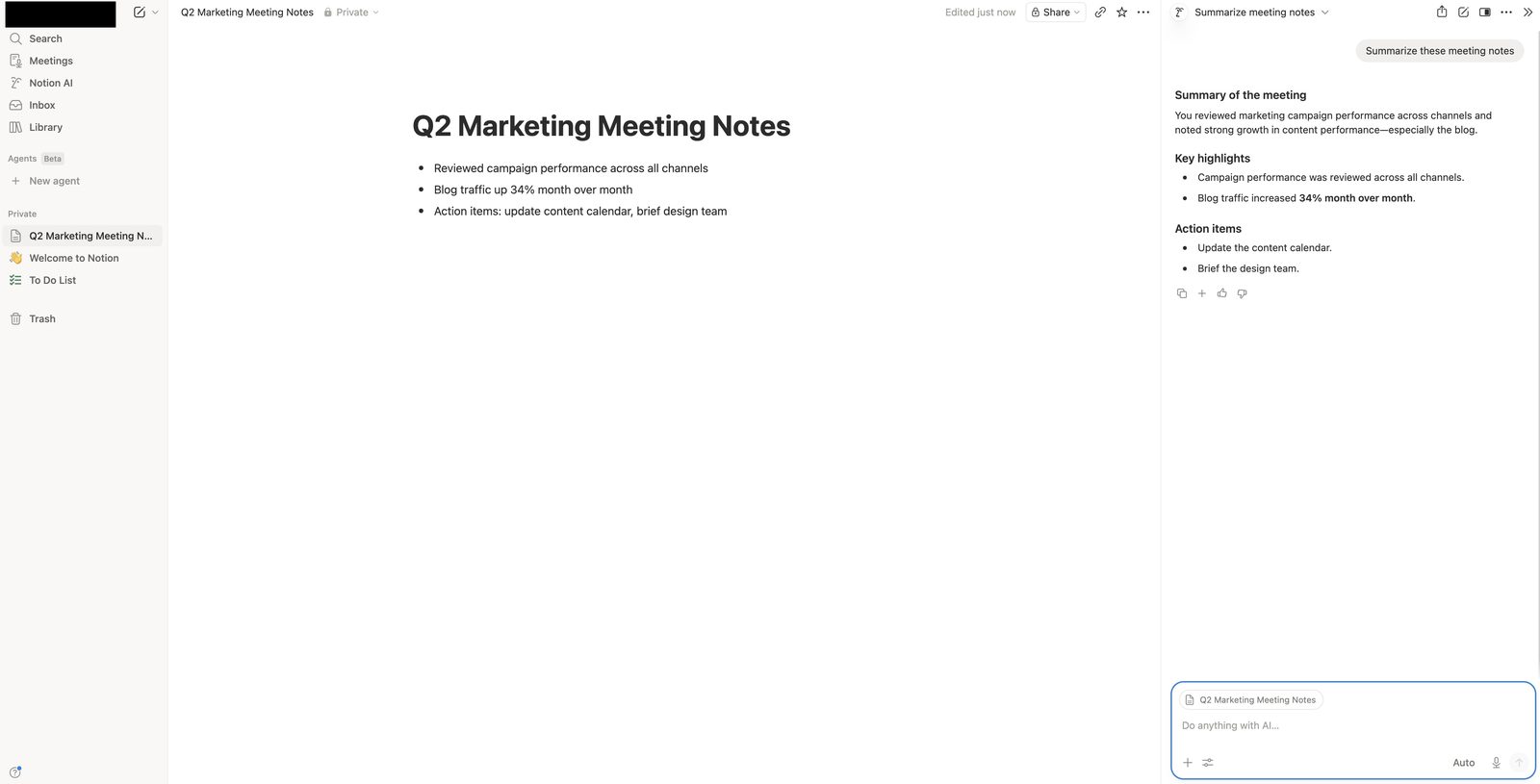 Notion AI summarising meeting notes, showing the original bullet points on the left and a structured AI-generated summary with key highlights and action items on the right