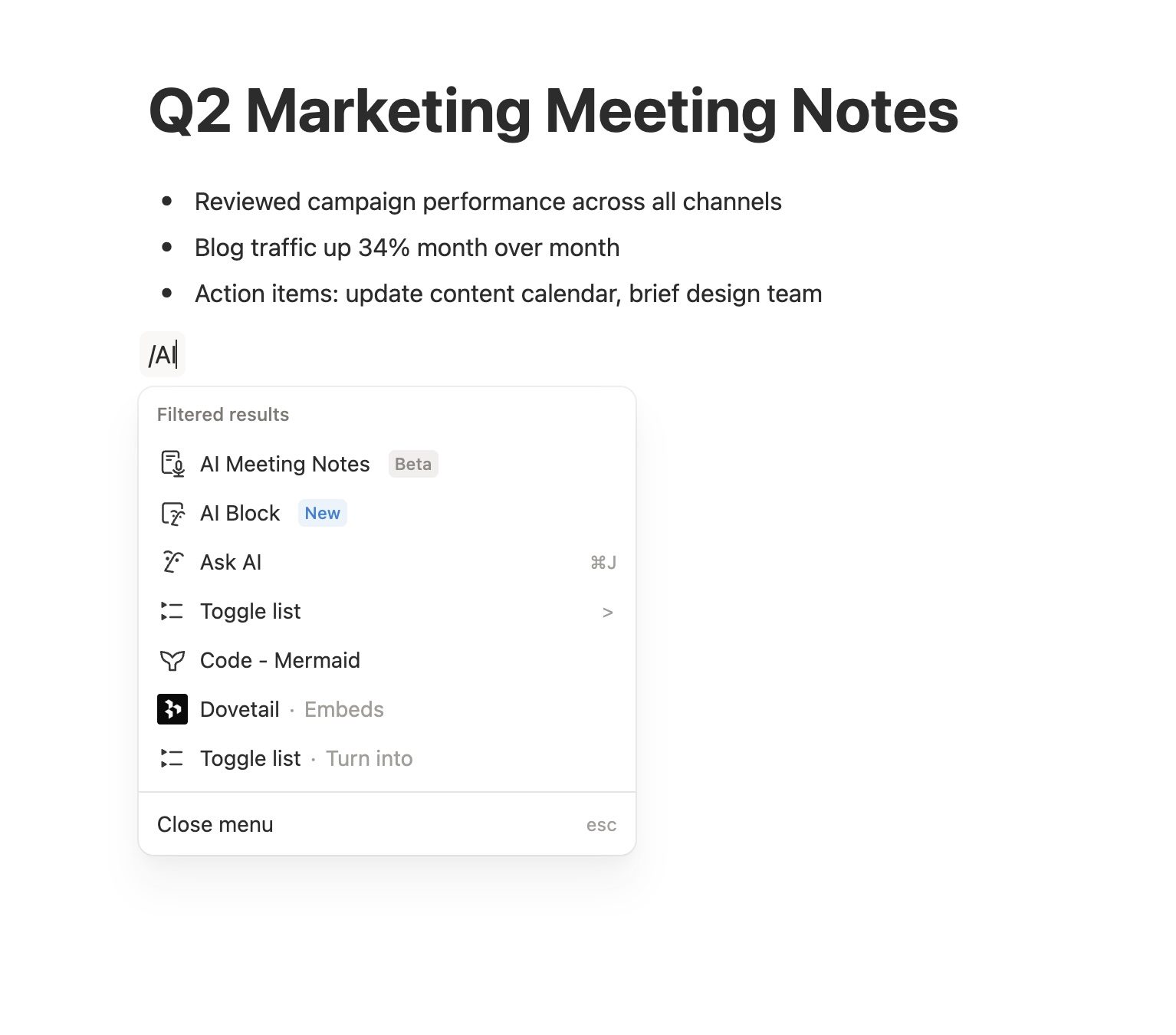 Notion slash command menu showing AI options including AI Meeting Notes, AI Block, and Ask AI after typing /AI on a page