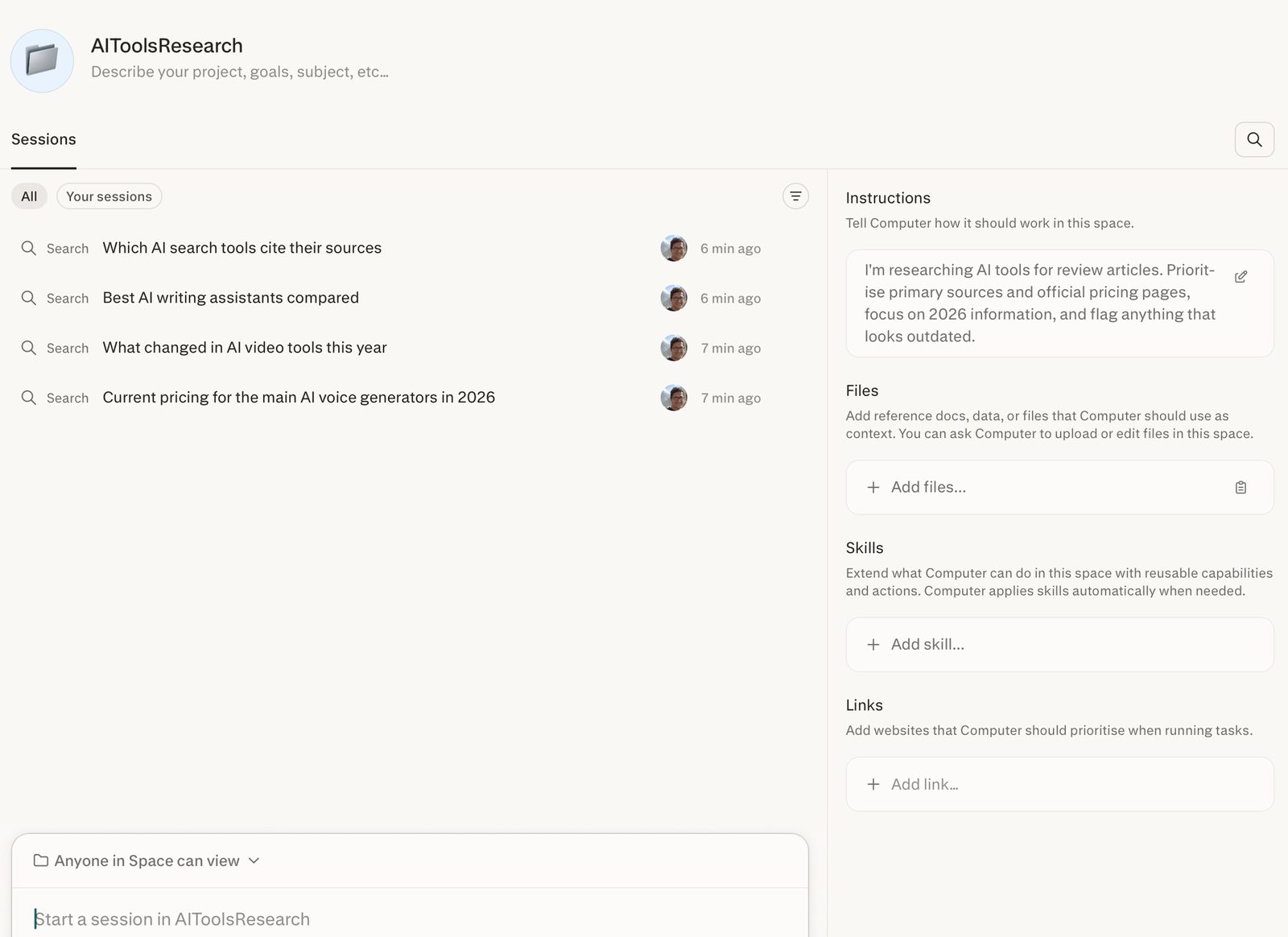 A Perplexity Space organising several related research threads in one project, with custom instructions visible
