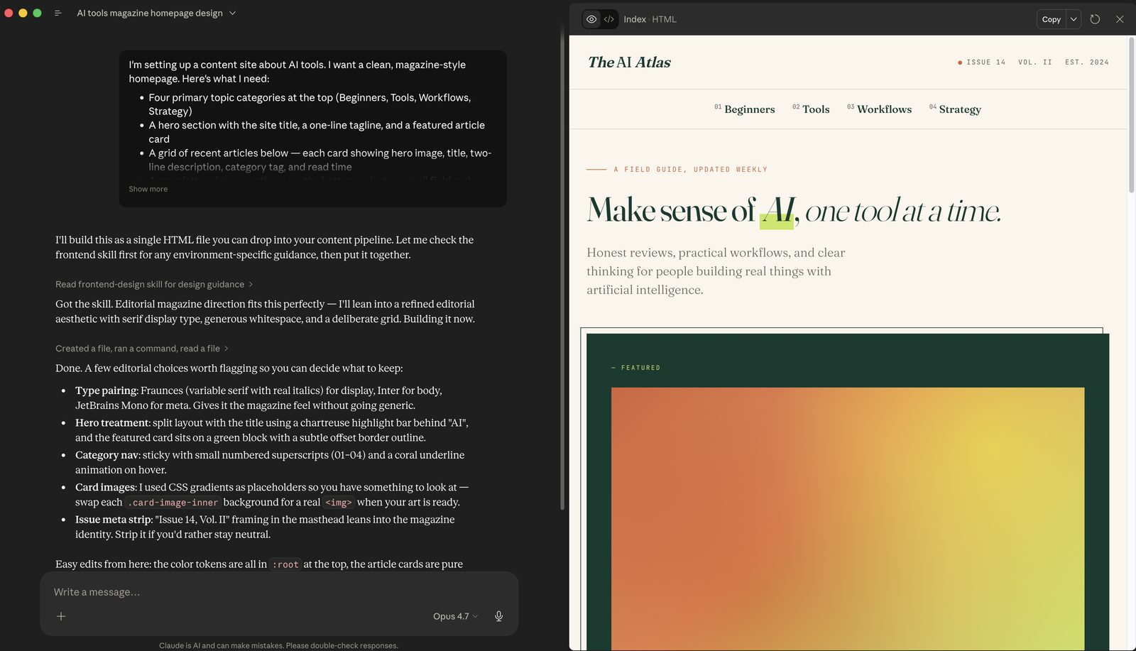 Claude generating HTML and CSS for a content site layout in response to a description