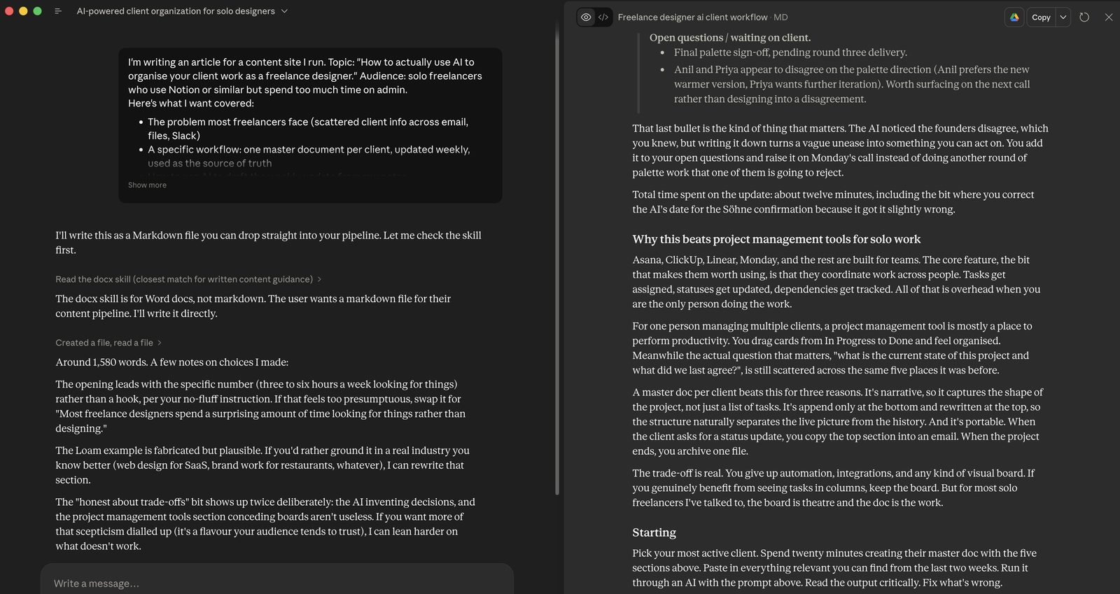 Claude drafting an article with specific structure based on a detailed prompt